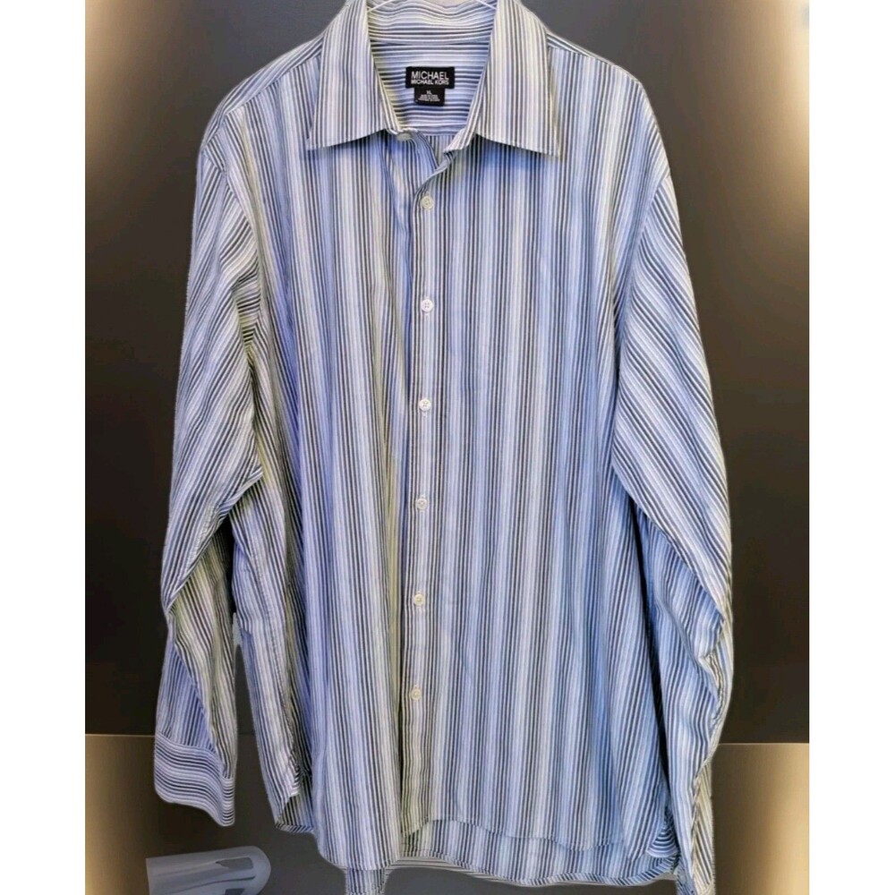 Michael Kors Blue Silver Striped Classic Fit Cotton Button Front Shirt Size XL